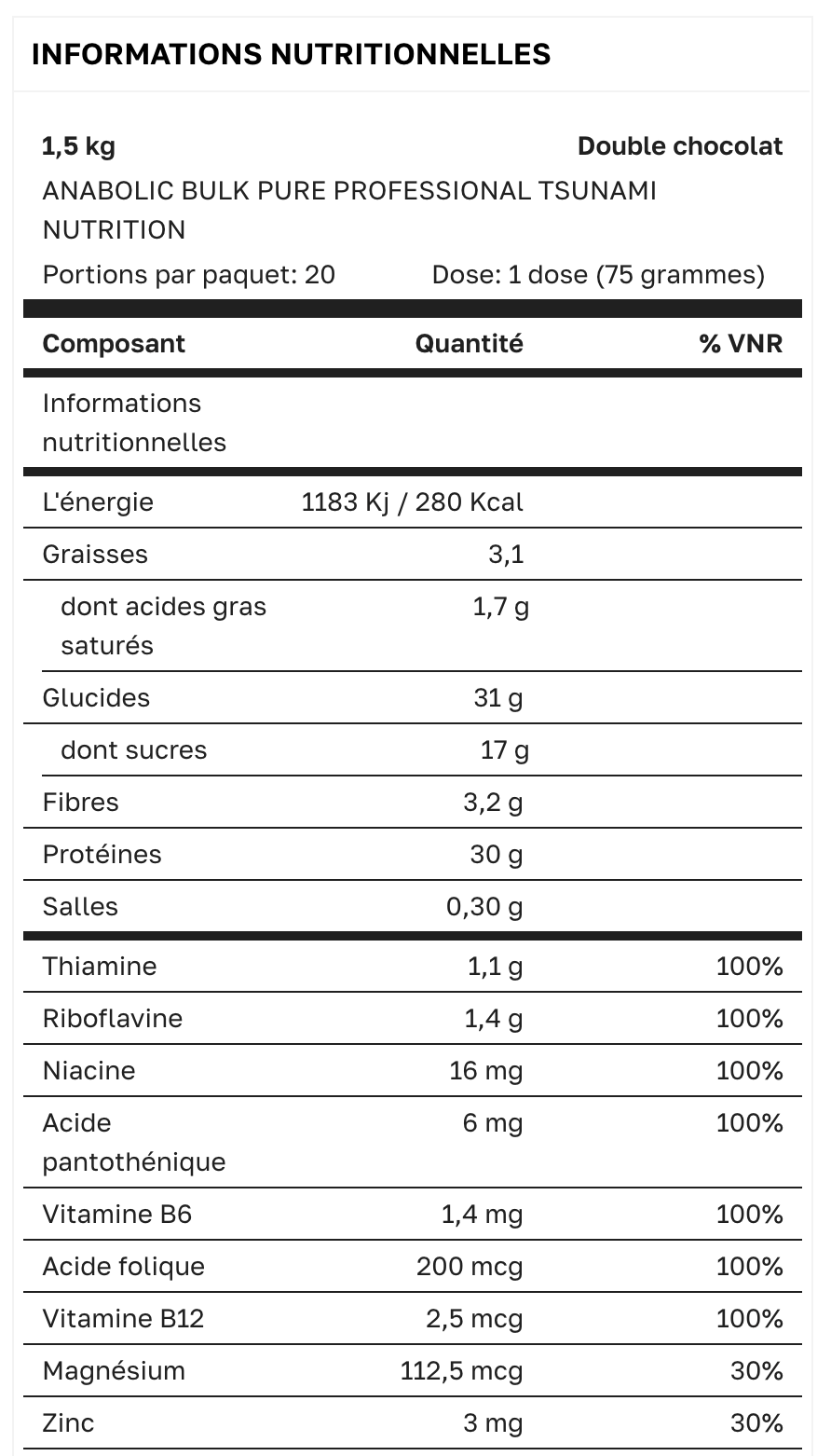 GAINER - ANABOLIC BULK PURE PROFESSIONAL - Goût Chocolat - 1500G