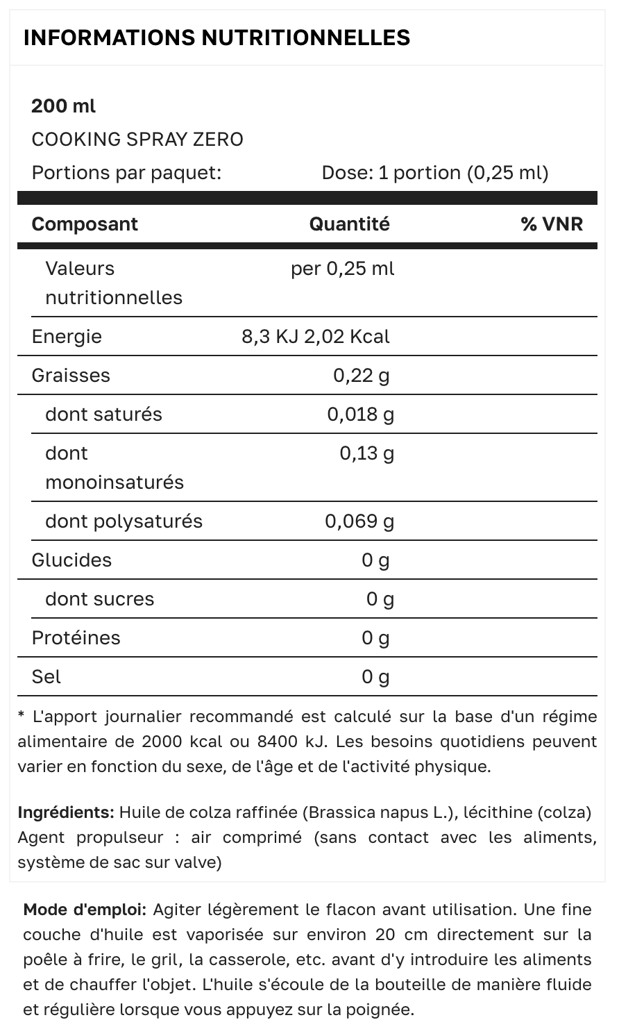 COOKING SPRAY ZERO - 200 ML