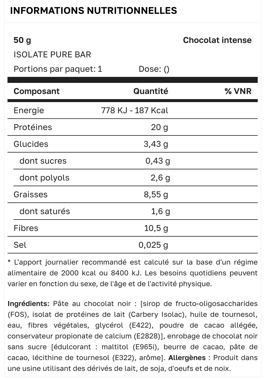 WHEY ISOLATE Pure Bar 50g - Chocolat Intense