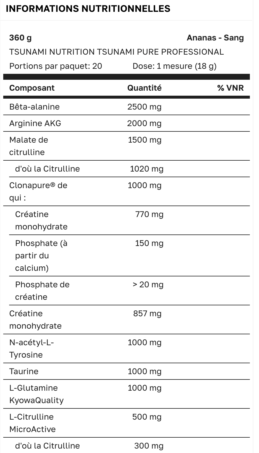 PRE WORKOUT - TSUNAMI PURE PROFESSIONAL - Fraise Citron Vert - 360 g